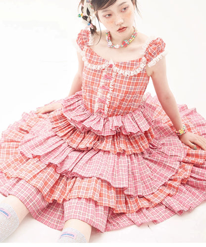 Sweet Lolita Dress Pink Plaid Dress Kawaii Layered Dress 36166:543372