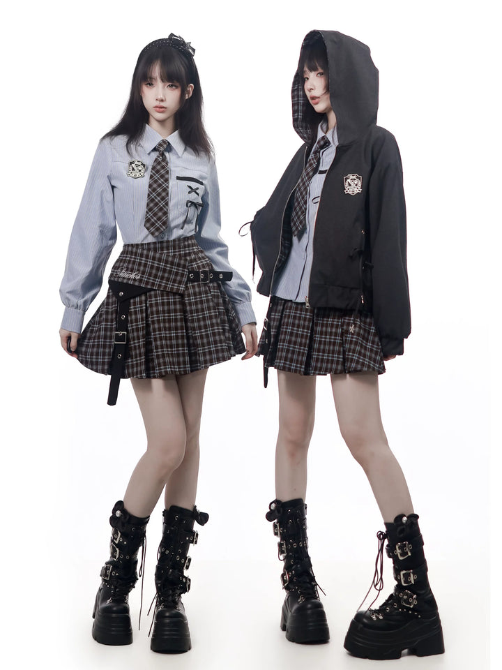 Preppy Reversible Plaid Jacket Set, Striped Blouse 45874:868445