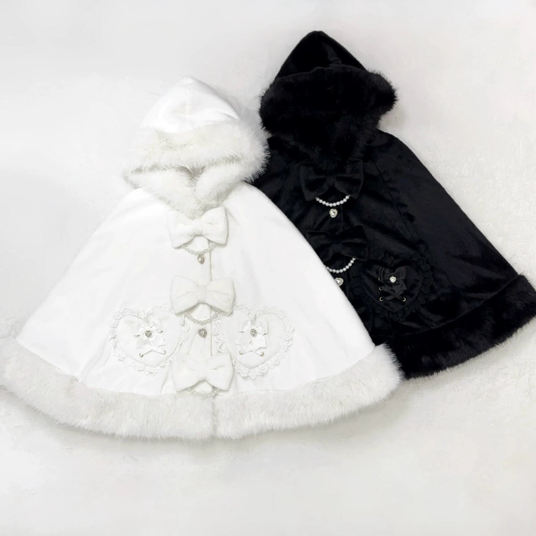 Hooded Jirai Kei Winter Cape, Bow Buttons 44428:808749