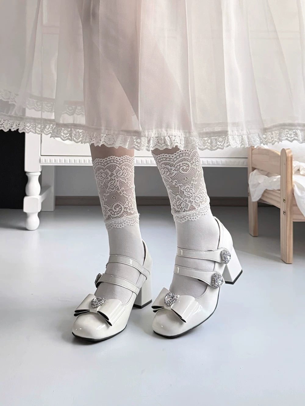 Jirai Kei Square Toe Chunky Heels, Heart rhinestone Details 45840:867423