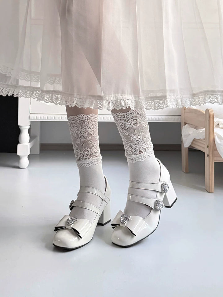 Jirai Kei Square Toe Chunky Heels, Heart rhinestone Details 45840:867423