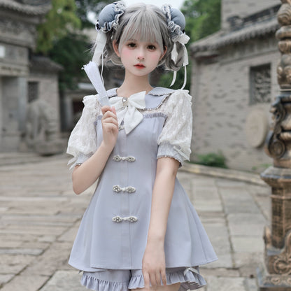 Jirai Kei Set Up Petal Collar Dress Chinese Style Outfit (L M S XL / Blue) 37120:551928