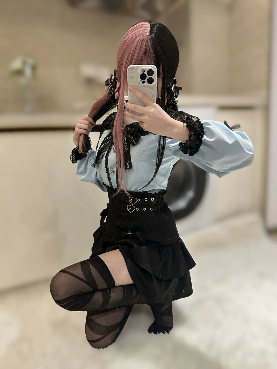 Jirai Kei Lace Shoulder Blouse + High-Waisted Tiered Skirt (L M S) 43503:778708
