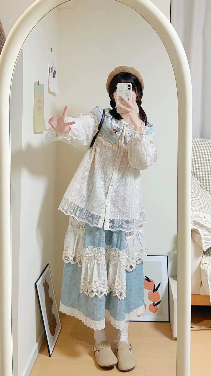 Mori Kei Blouse Blue Plaid Ruffle Lace Shirt Beige Top 39440:640562