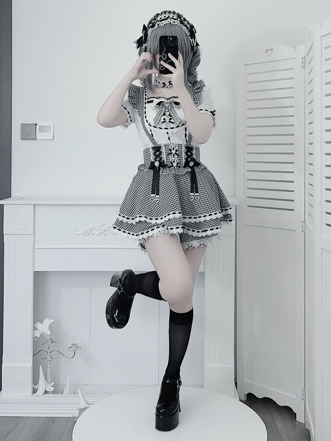 Jirai Kei Cotton Shirt, High-Waisted Suspender Skirt 45267:845227
