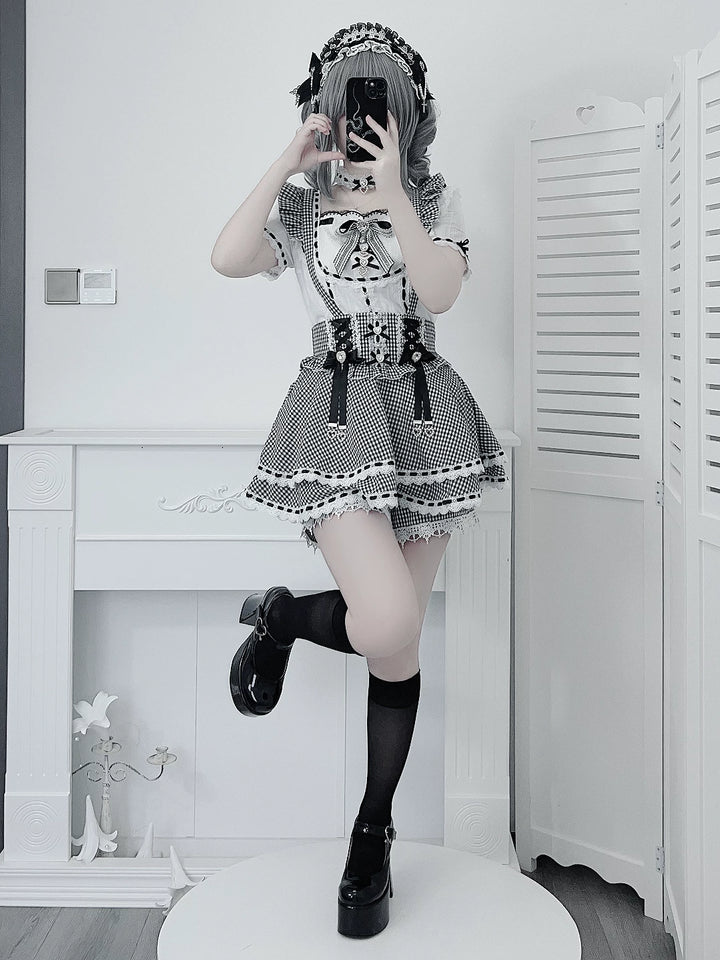 Jirai Kei Cotton Shirt, High-Waisted Suspender Skirt 45267:845227