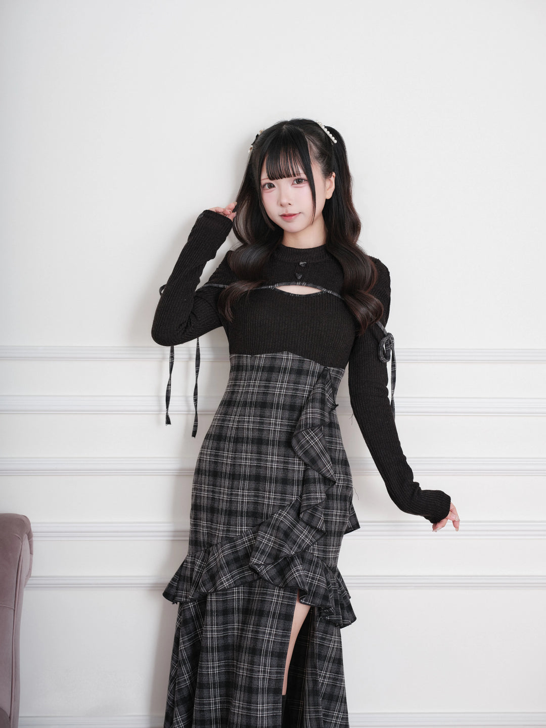 Jirai Kei Plaid Dress, Chest Cutout & Flounce Slit Hem 45956:869348