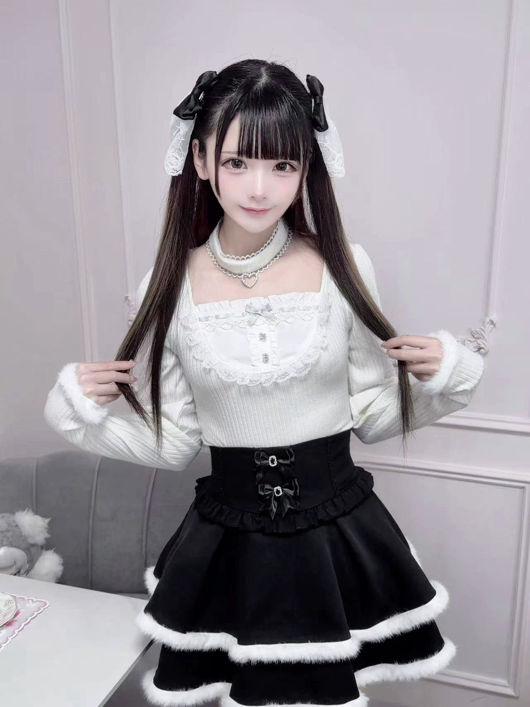 Jirai Kei Black/White Sweater Top with Choker 46104:875355