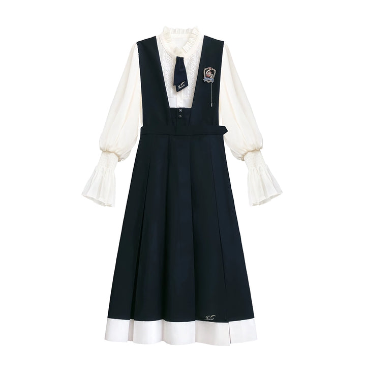 Navy Preppy Style Jumper Dress + Chiffon Blouse (L M S XL) 41452:779235