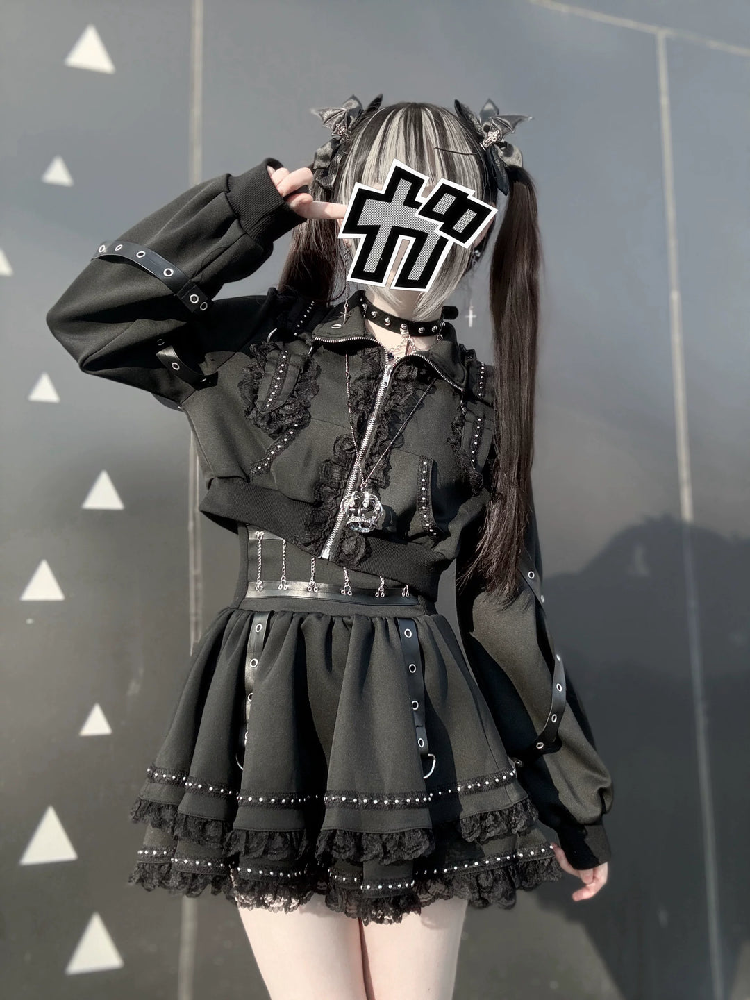 Punk Jacket and Skirt, Cross Zipper and Studs 45649:858254