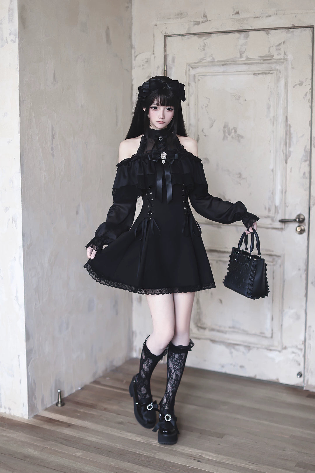 Black Seiso Kei Lace Long Sleeve Dress, Sheer Neckline 45806:863254