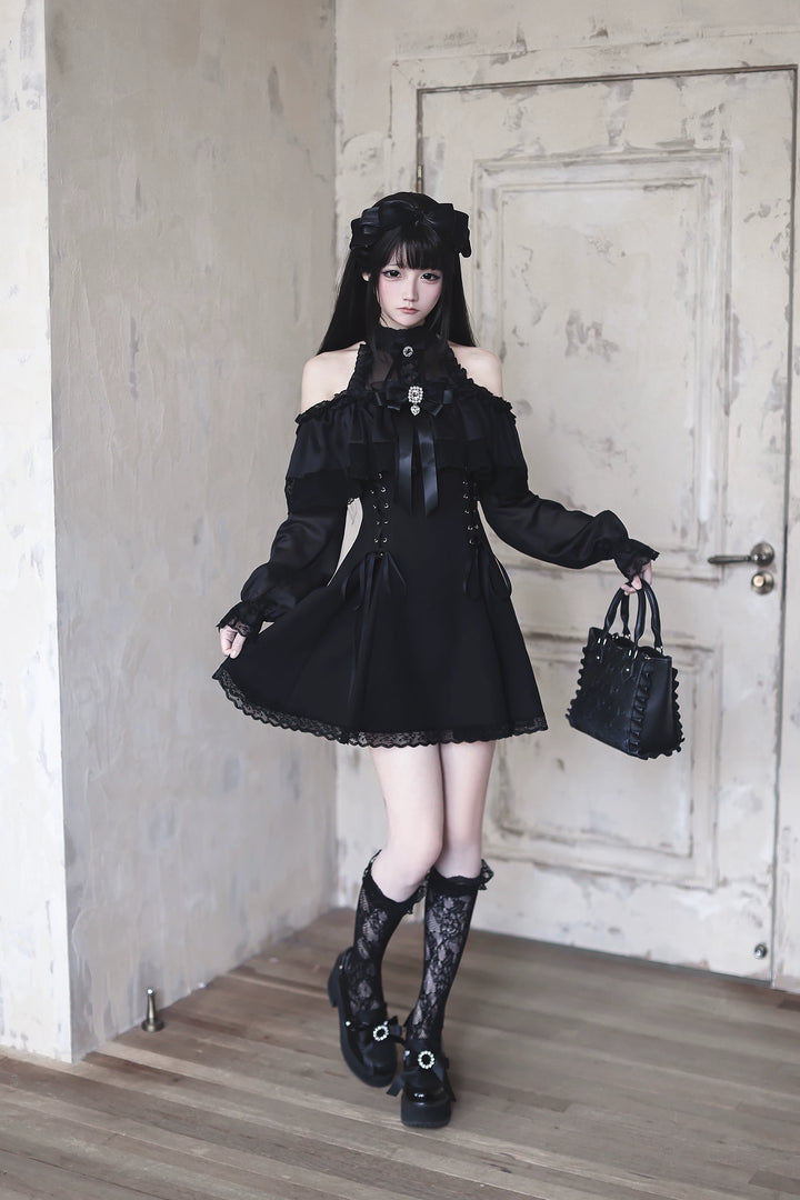 Black Seiso Kei Lace Long Sleeve Dress, Sheer Neckline 45806:863254