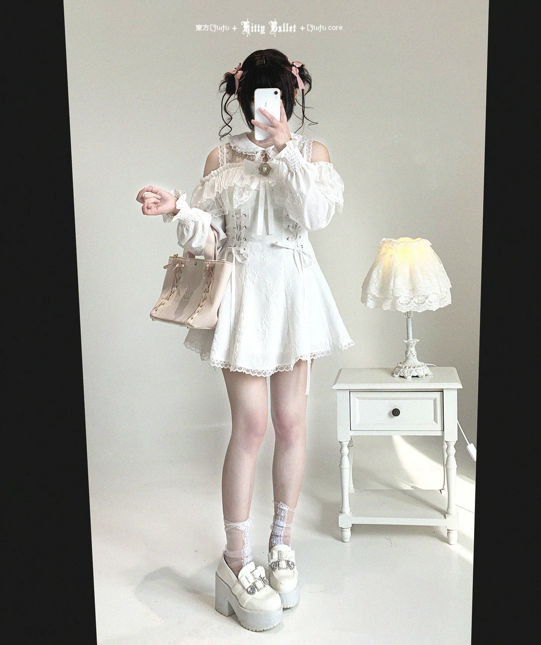 Jirai Kei Open-Shoulder Dress, Bust Lace Flounce Hem 44468:809955