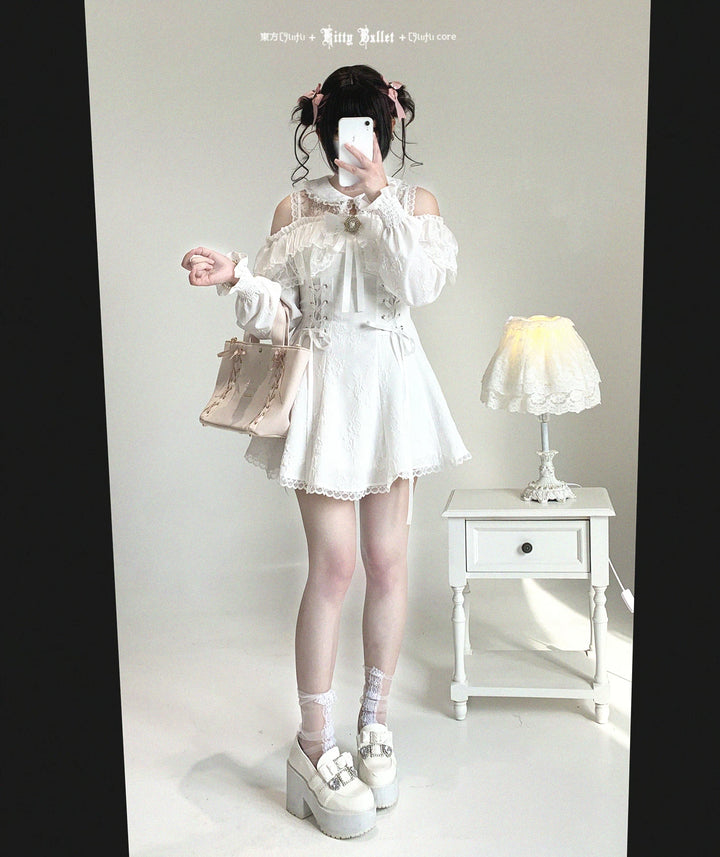 Jirai Kei Open-Shoulder Dress, Bust Lace Flounce Hem 44468:809955