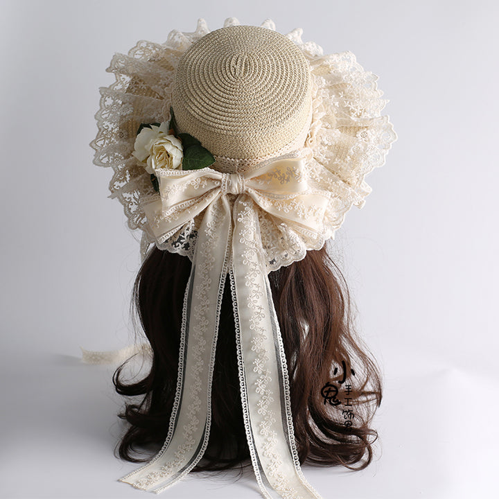 Mori Kei Sunhat Beige Country Lolita Hat With Lace Bow And Soft Straw 42247:733512