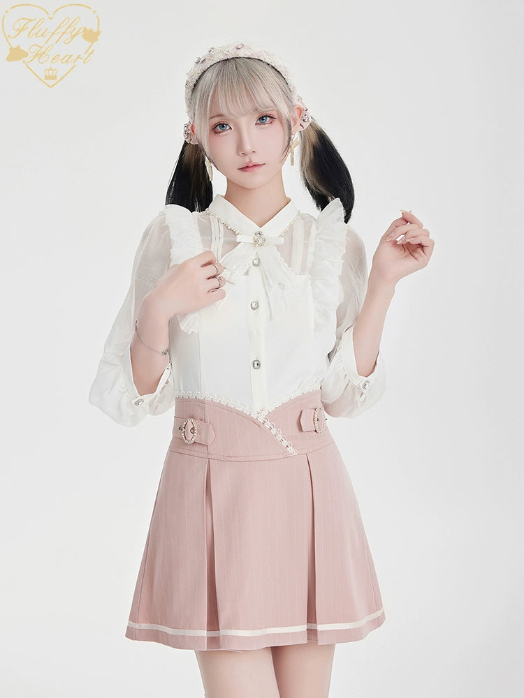 White Pink Jirai Kei Blouse Sheer Lace Shirt with Rhinestone 32914:403864
