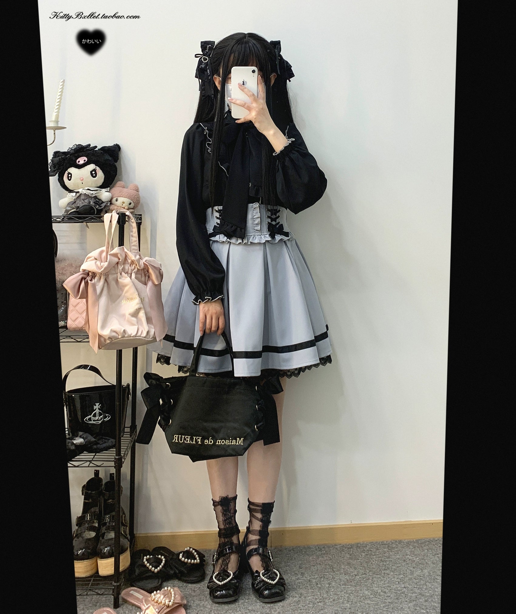 Jirai Kei White Black Blouse Lace Standing Collar Long Sleeved Shirt 31852:372680