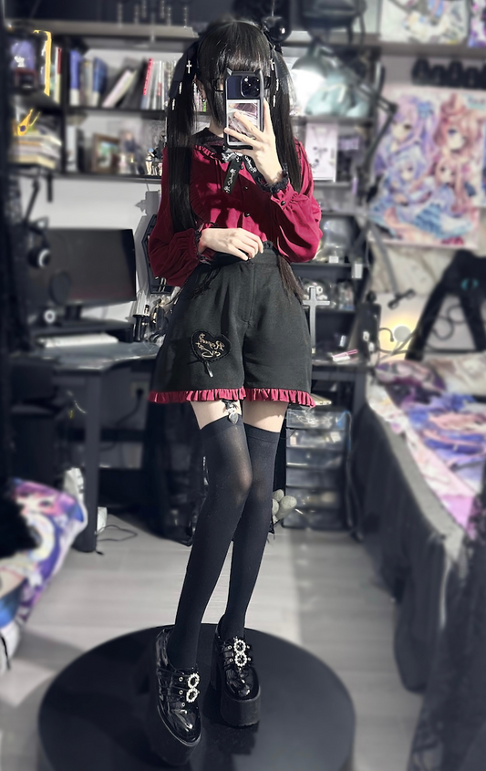 Jirai Kei Lace Collar Long Short Sleeve Blouse and Shorts (L M S XL XXL) 21648:558848