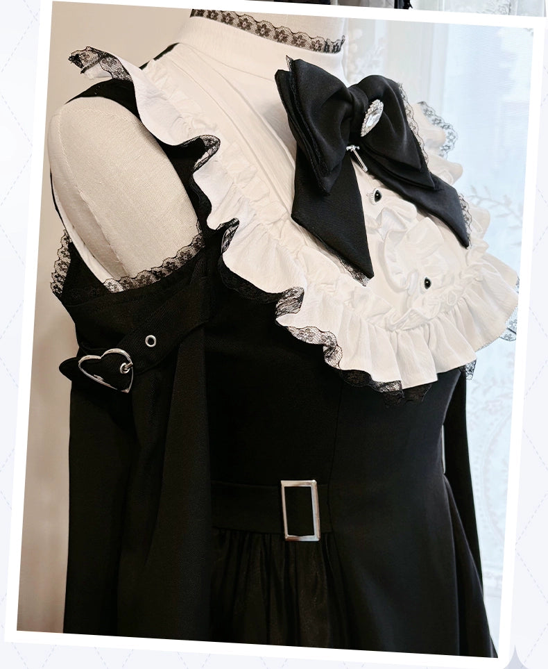 Gothic Open Shoulder Dress, Detachable Collar Bow 43655:782384