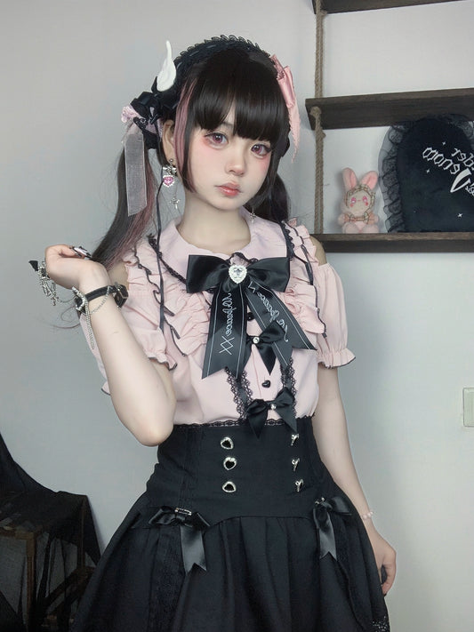 Jirai Kei Black/Pink Skirt Pink/ White/ Blue Blouse 21972:363484