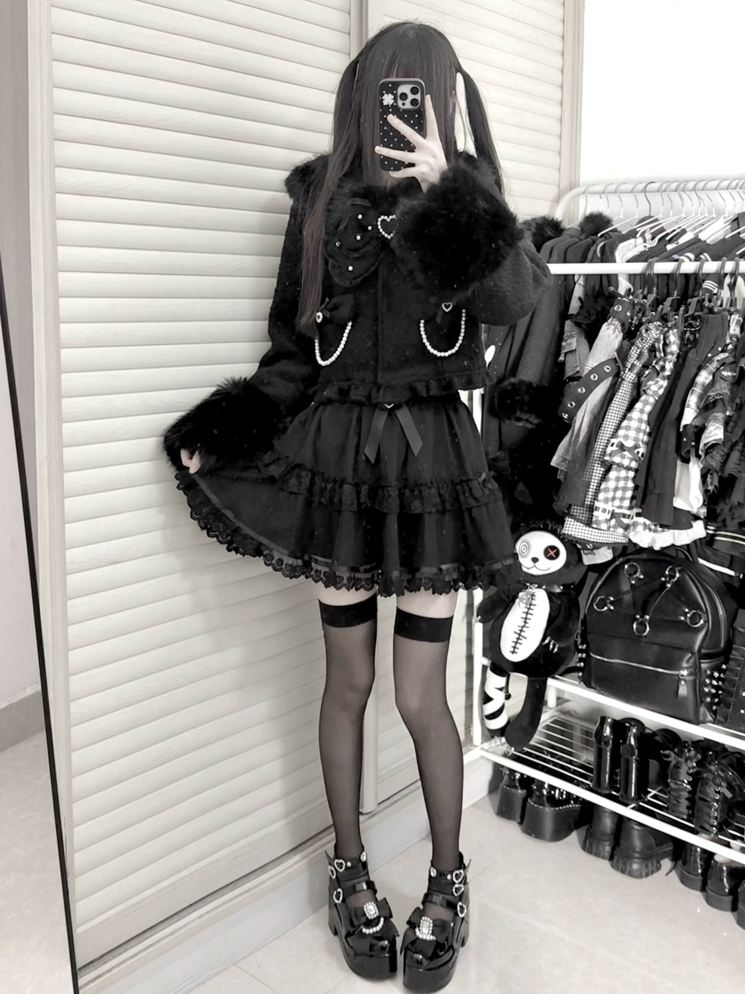 Black Jirai Kei Short Coat, Detachable Faux Fur Collar 44331:805476