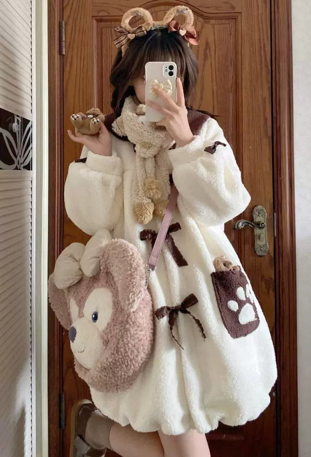 Kawaii White Fleece Coat With Flounce Hem (L M S XL XS) 22774:354230 (L M S XL XS) 22774:354230