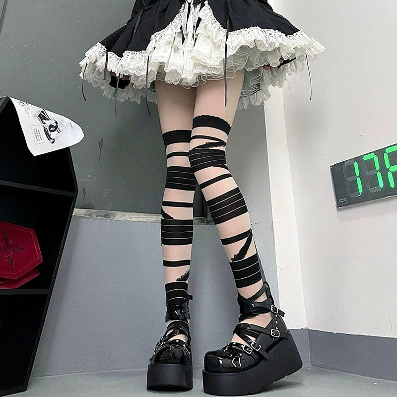 Lolita Thigh-high Socks Stockings Striped Socks Multicolor (Black) 38254:585944