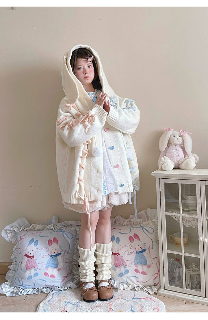 Kawaii White Pink Blue Cardigan Bunny Ears Sweater Coat 22658:345238 22658:345238