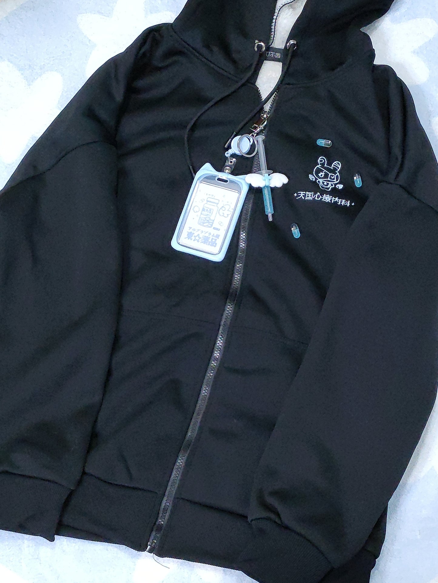 Jirai Kei Fleece Hoodie Black Gray Embroidery Winter Coat 32928:408788