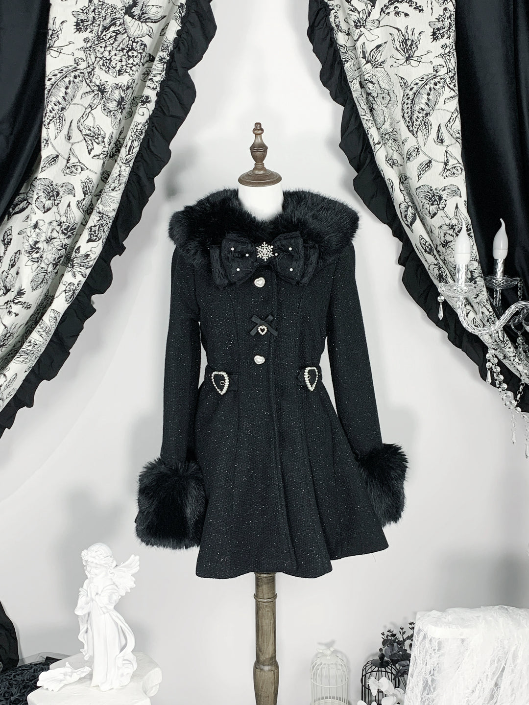 Ryousangata Winter Coat, Detachable Faux Fur Trim (Black / L M) 43939:792436
