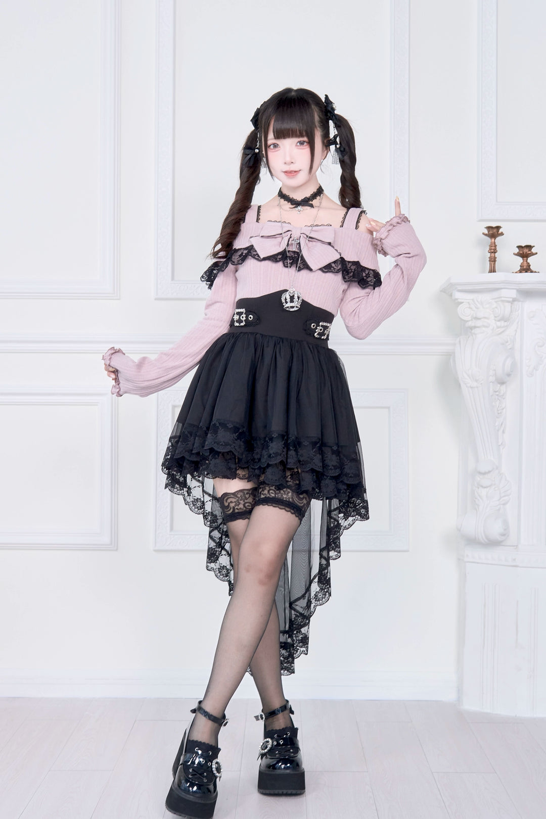 Faux Two-piece Jirai Kei Open Shoulder Dress 43866:787839