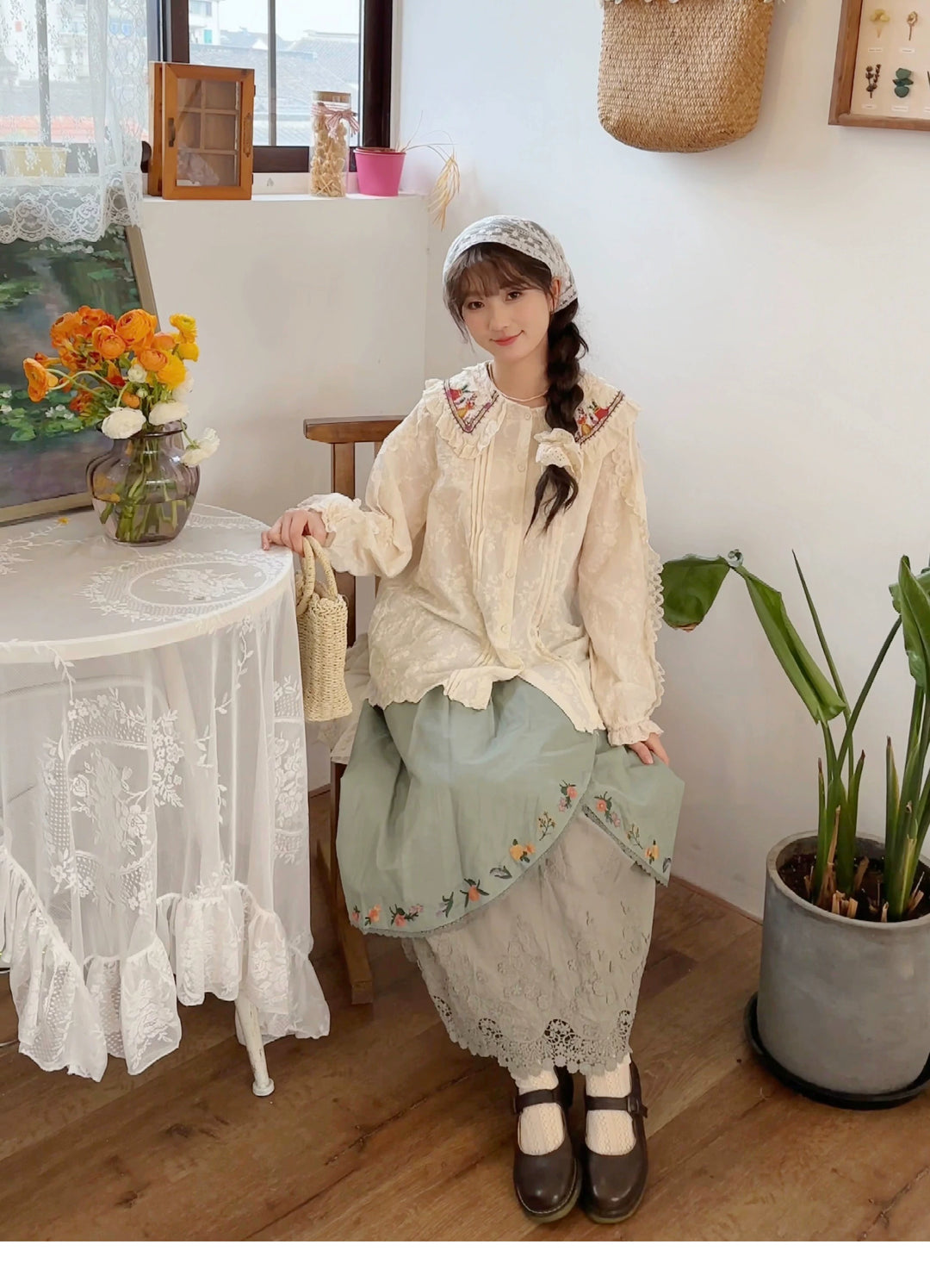 Mori Kei Skirt Sweet Retro Linen Embroidered Long Skirt 41802:714066