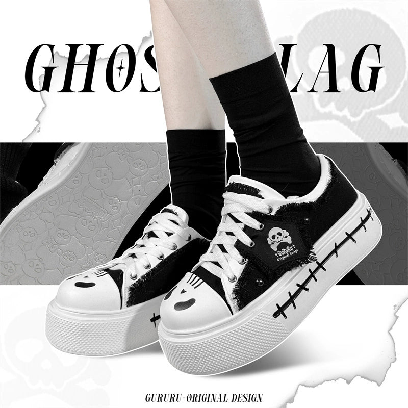Y2K Subculture Girl Platform Canvas Black White Shoes 28960:344038