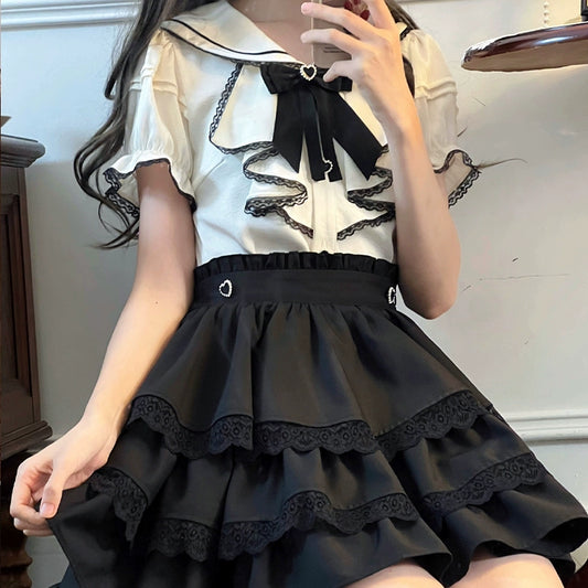 Jirai Kei Set Apricot Sailor Collar Blouse Flounce Hem Skirt (L M S) 38158:580846