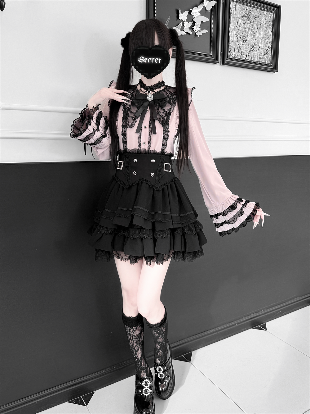 Jirai Kei Lace Blouse, High-Waist Tiered Skirt 44525:811439