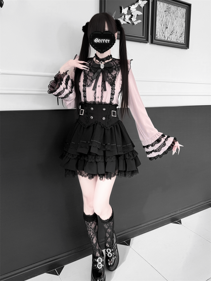 Jirai Kei Lace Blouse, High-Waist Tiered Skirt 44525:811439