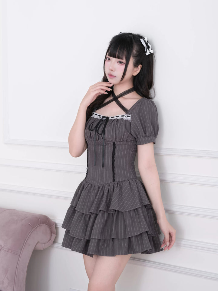 Jirai Kei Striped Halter Dress, Lace and Bow 45722:860222