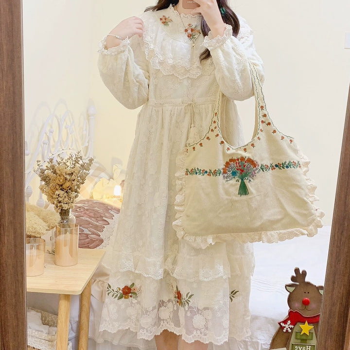 Mori Kei Dress Embroidered Lace Long Sleeve Apricot Dress 39438:640624