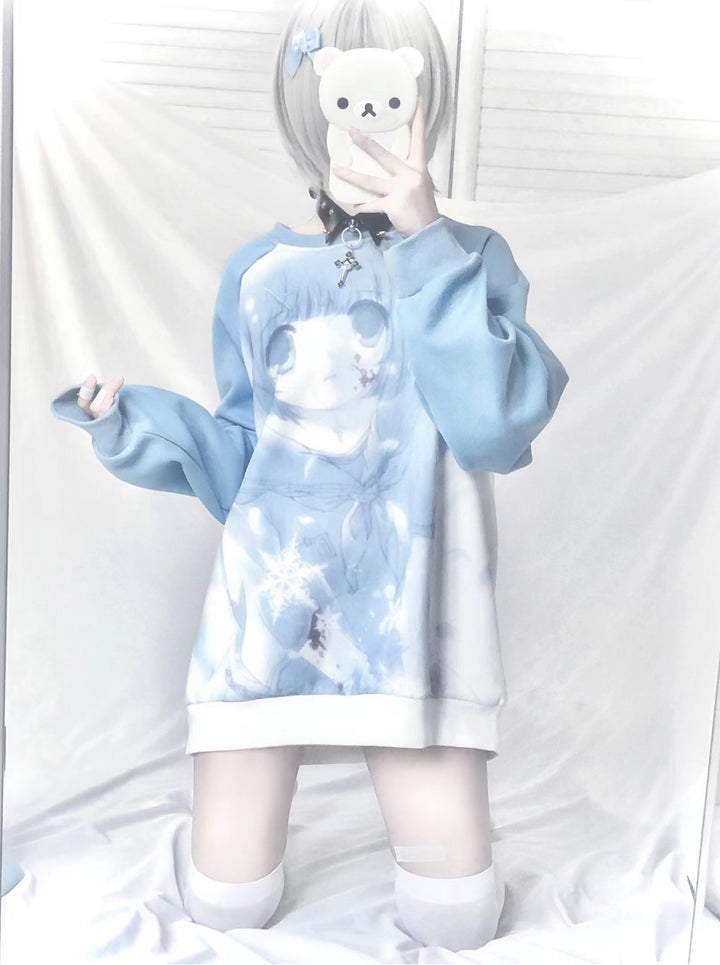 Jirai Kei Blue Sweatshirt Anime Girl Printed Sweatshirt 33326:430962 33326:430962