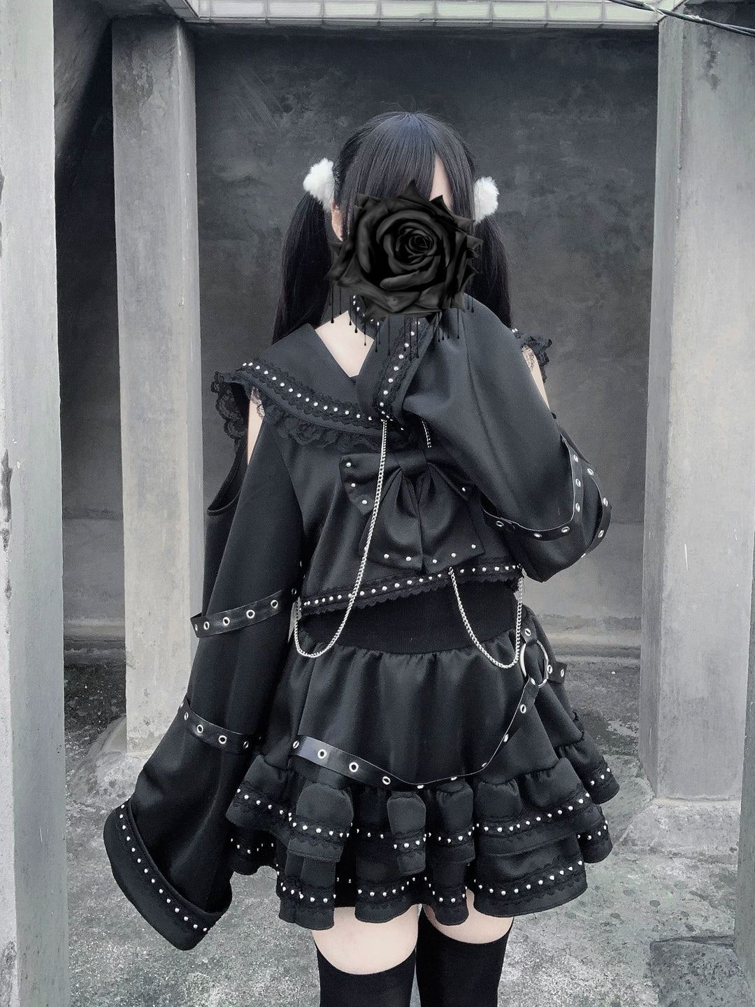 Subculture Black Top & Skirt Set, Snakeskin-Like Style 44771:827674