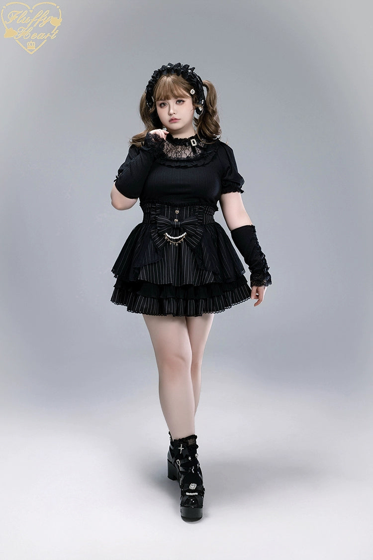 Striped High Waist Jirai Kei Skirt, Detachable Bow 43679:785981