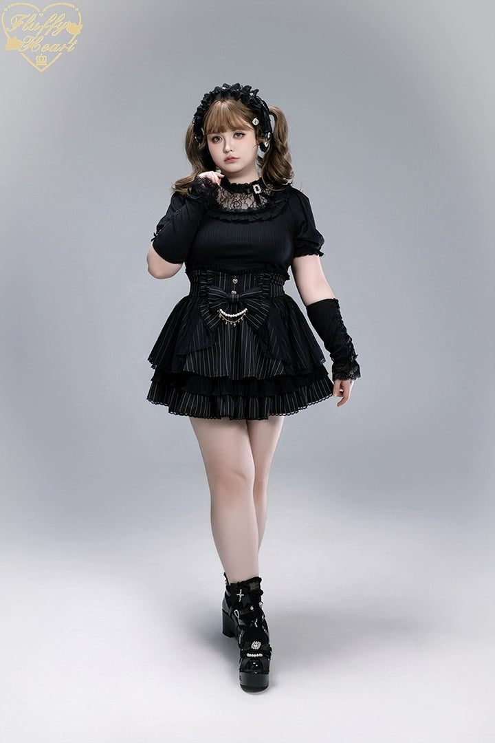 Striped High Waist Jirai Kei Skirt, Detachable Bow 43679:785981