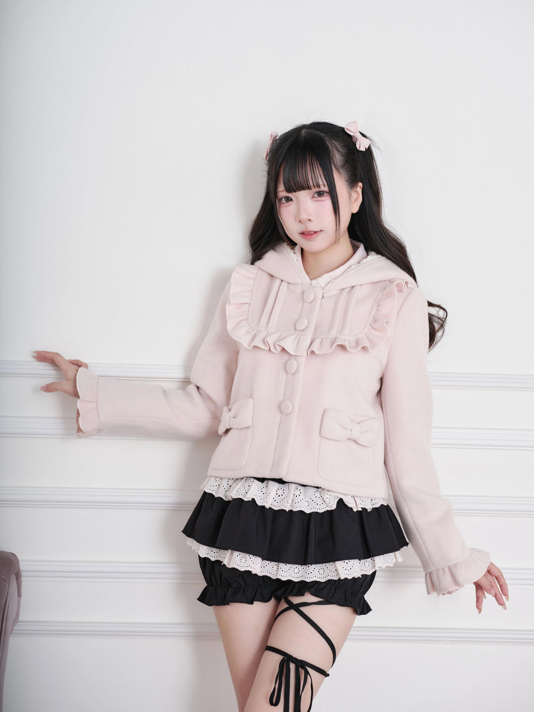 Ryousangata Hooded Solid Coat, Ruffled Neckline (Pink / M S) 45955:870319