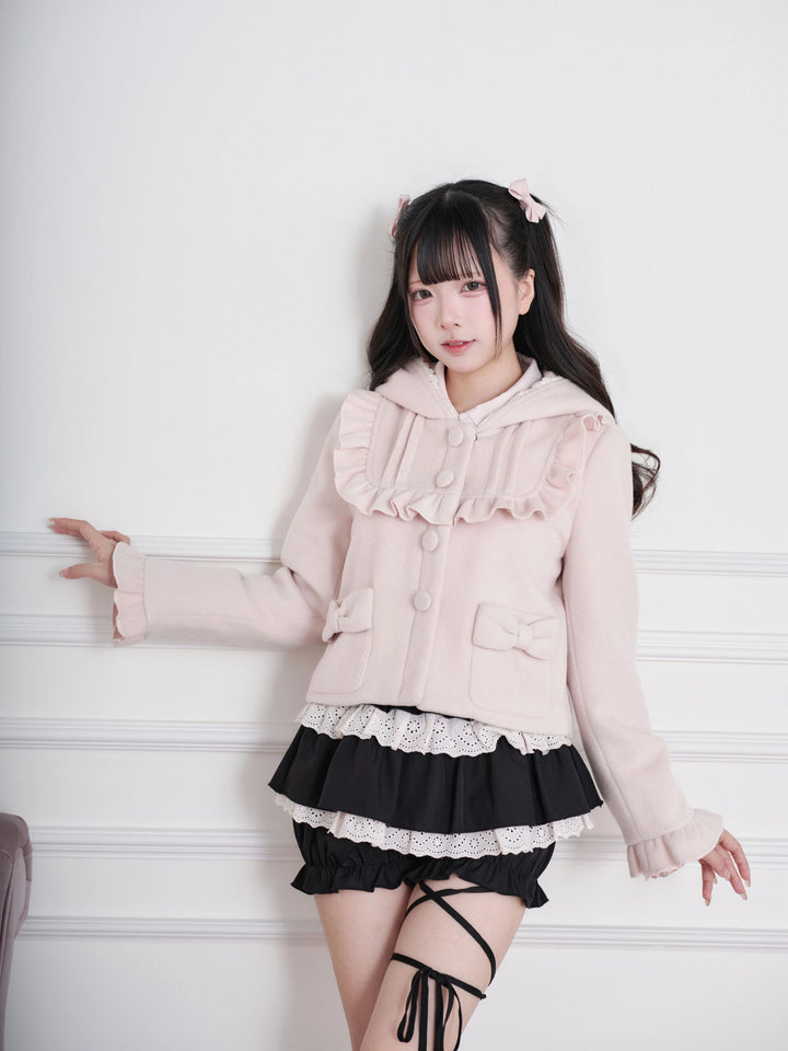 Ryousangata Hooded Solid Coat, Ruffled Neckline (Pink / M S) 45955:870319