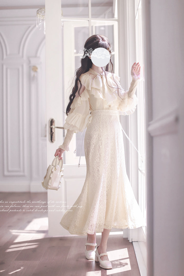 Elegant Open-Shoulder Blouse, Lace Mermaid Skirt 44039:793642