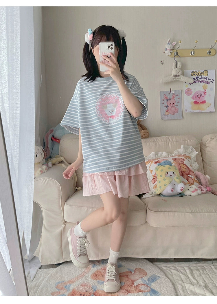 Kawaii Aesthetic Shirt Striped Short Sleeve Cotton Top 36562:518440