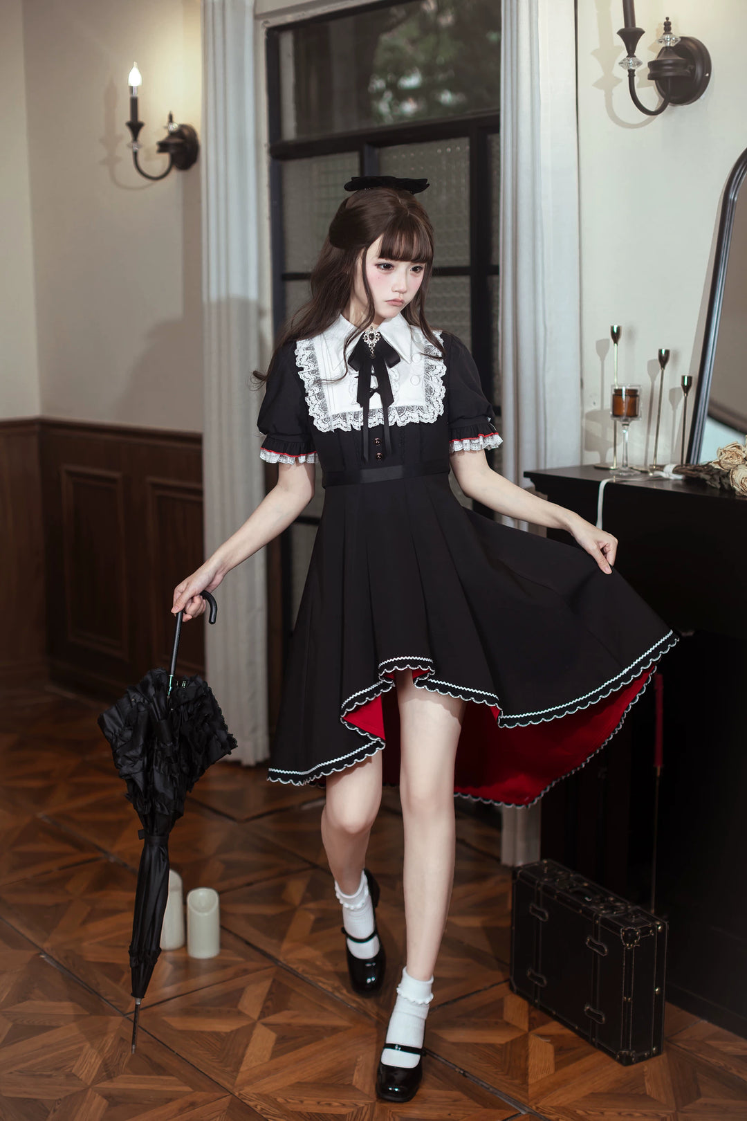 Gothic Style Lace Trim Dress, High-Low Hem 45334:848918