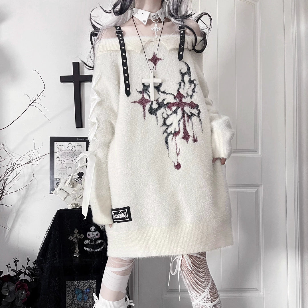 Subculture Open Shoulder Sweater, Butterfly Pattern 44335:804574