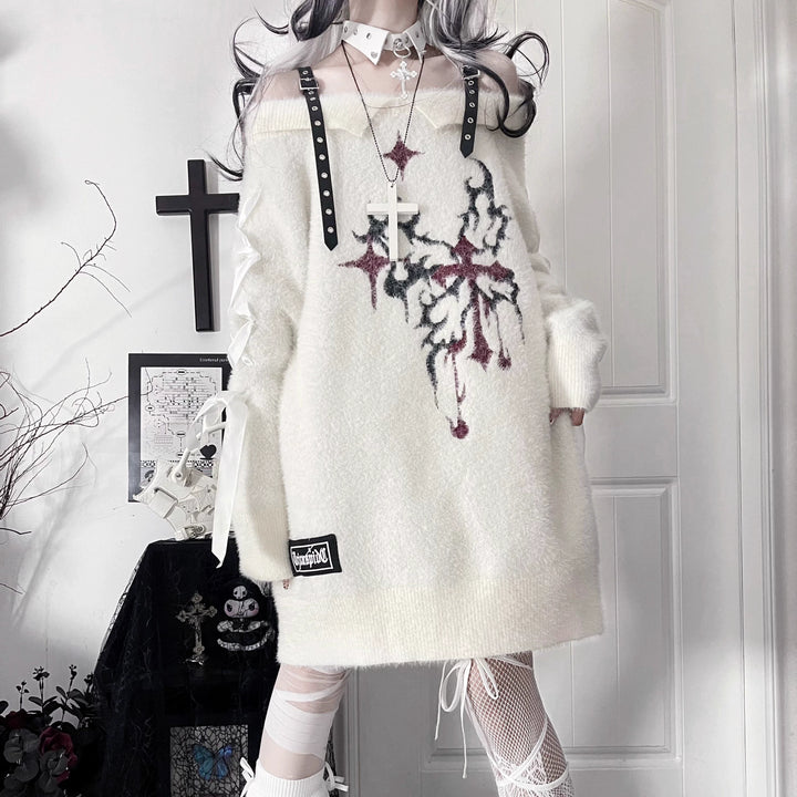 Subculture Open Shoulder Sweater, Butterfly Pattern 44335:804574