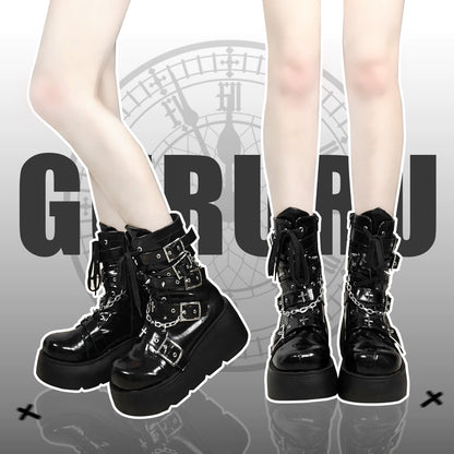 Y2K Spicy Girl Cross Black White Platform Shoes Boots 28962:343928